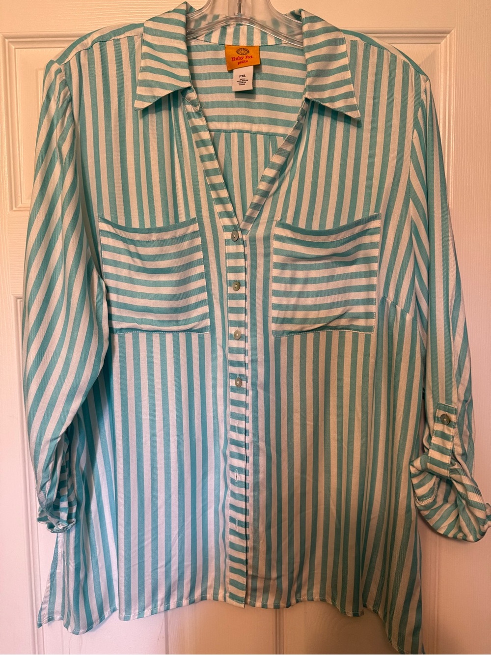Ruby Rd. Petite Striped Shirt in Aqua & White
